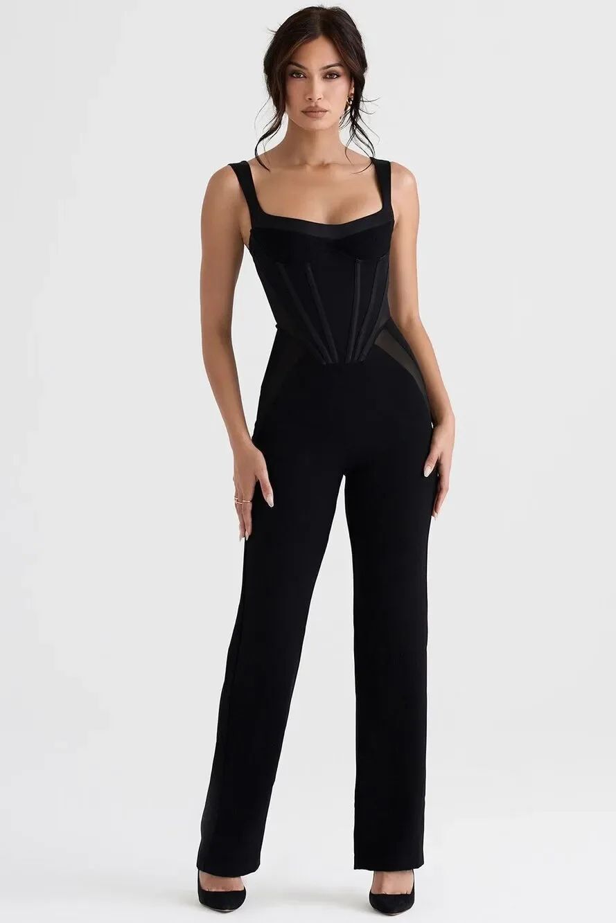 New House of CB Black Corset Mesh Panel Jumpsuit Wide Strap Straight Leg Small